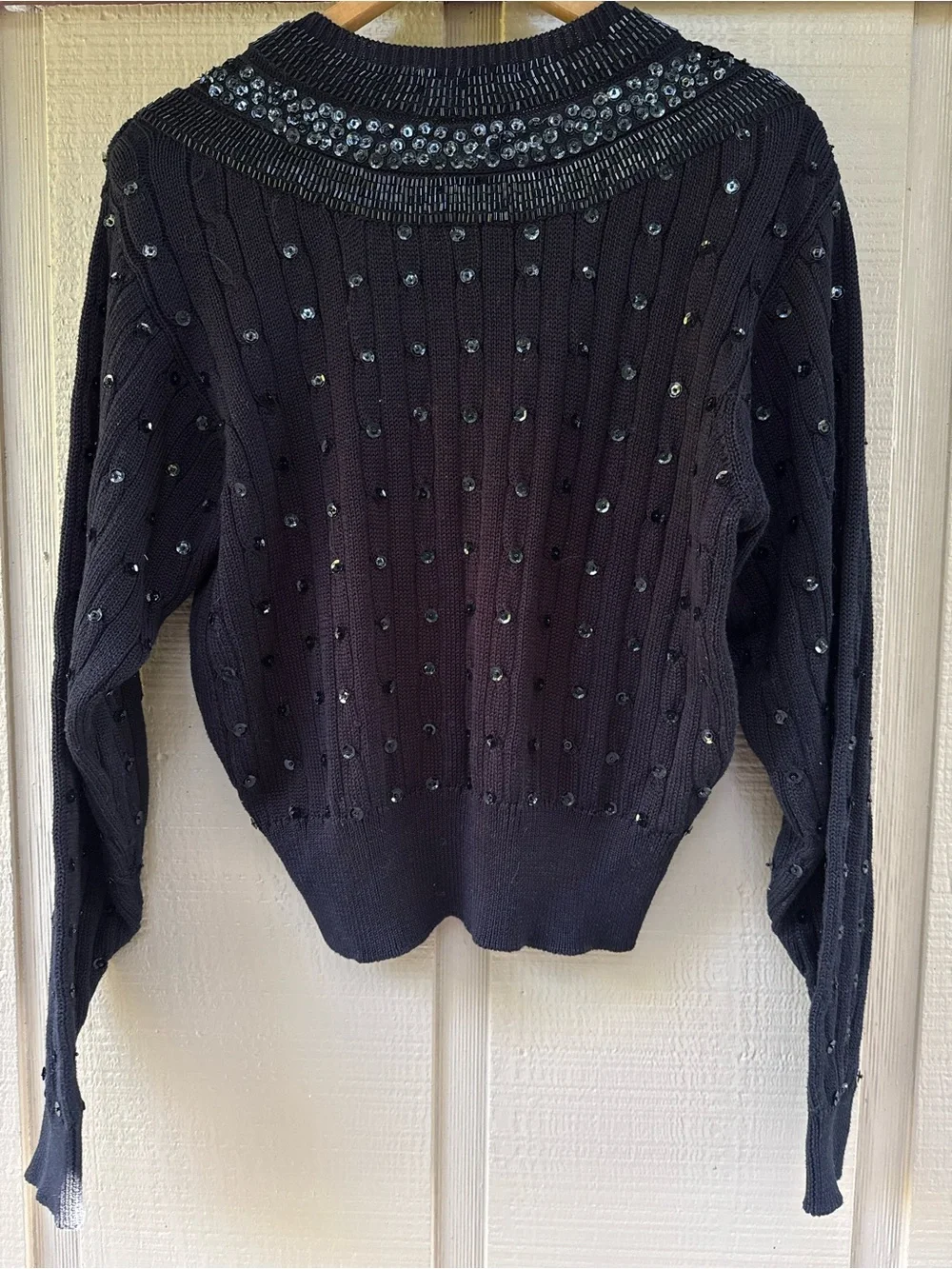 Vintage Liz Claiborne Black Sequin Embellished V-Neck Ribbed Tennis Sweater S
